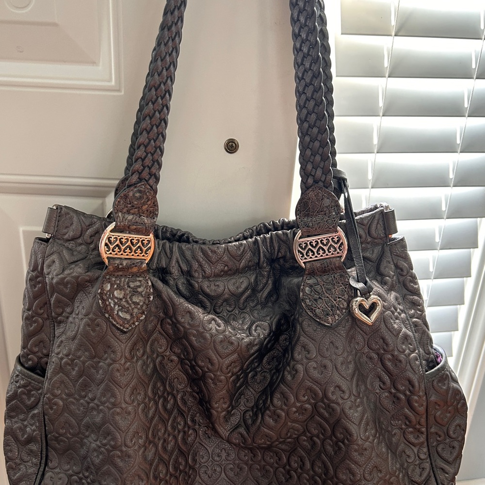 Brighton Rowena Pewter Leather Braided-Handle Shoulder Bag with Heart Charm
